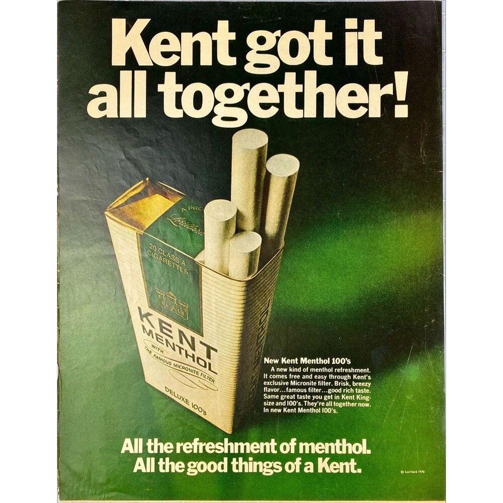 Kent Menthol 100's Cigarettes "A New Kind of Menthol Refreshment" Print Ad 1970